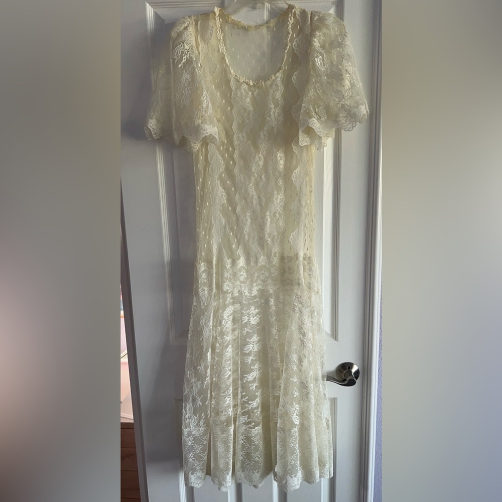 Boho Ivory Vintage Style Lace Kimono Maxi Dress - M